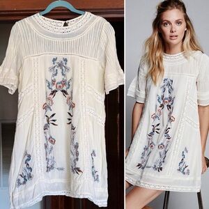 Free People Cottagecore Perfectly Victorian Embroidered Mini Dress Blue Ivory S